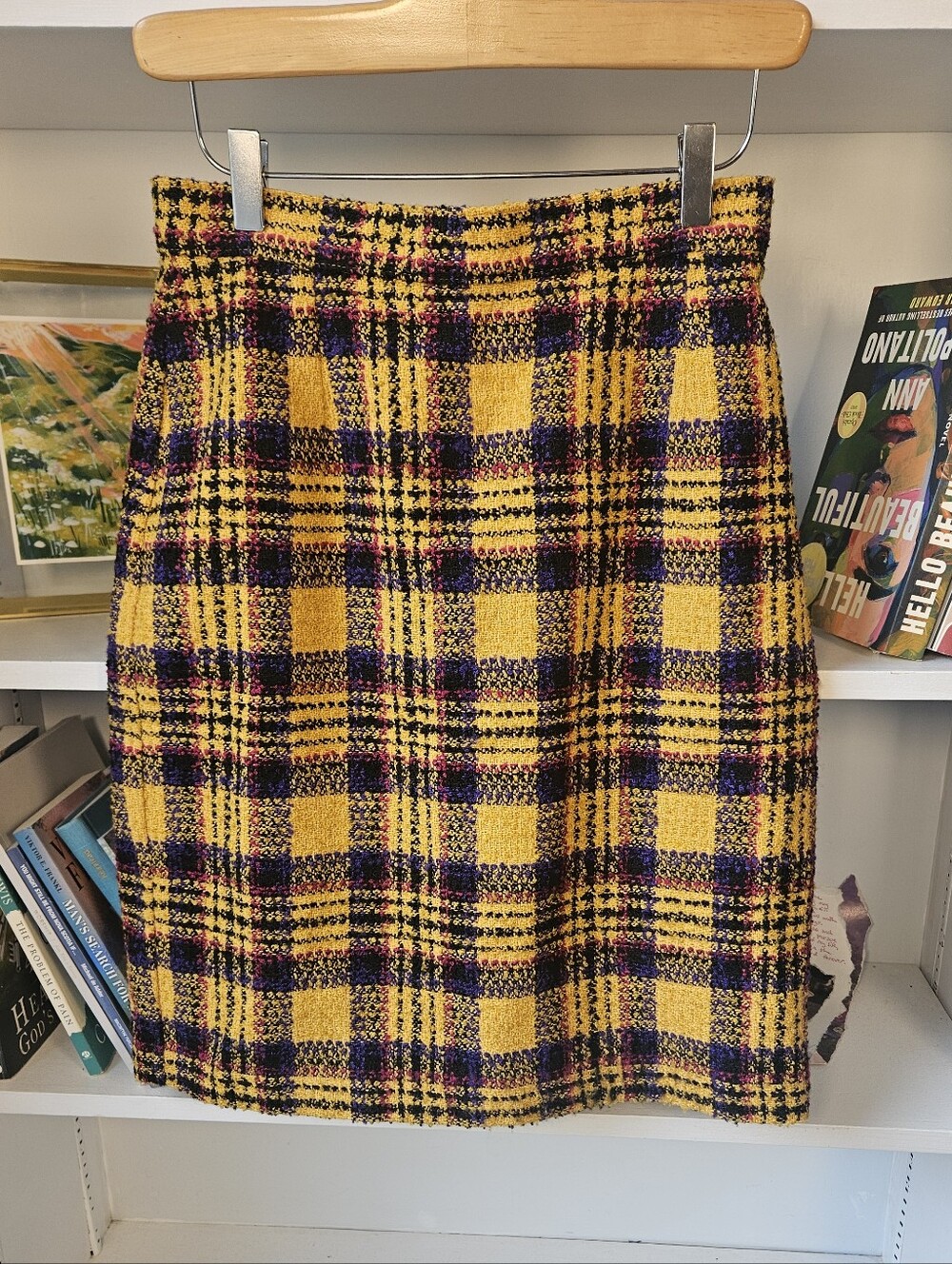 Vintage St. Michael Tweed Plaid Skirt Wool Blend Yellow Black Size Medium Twee